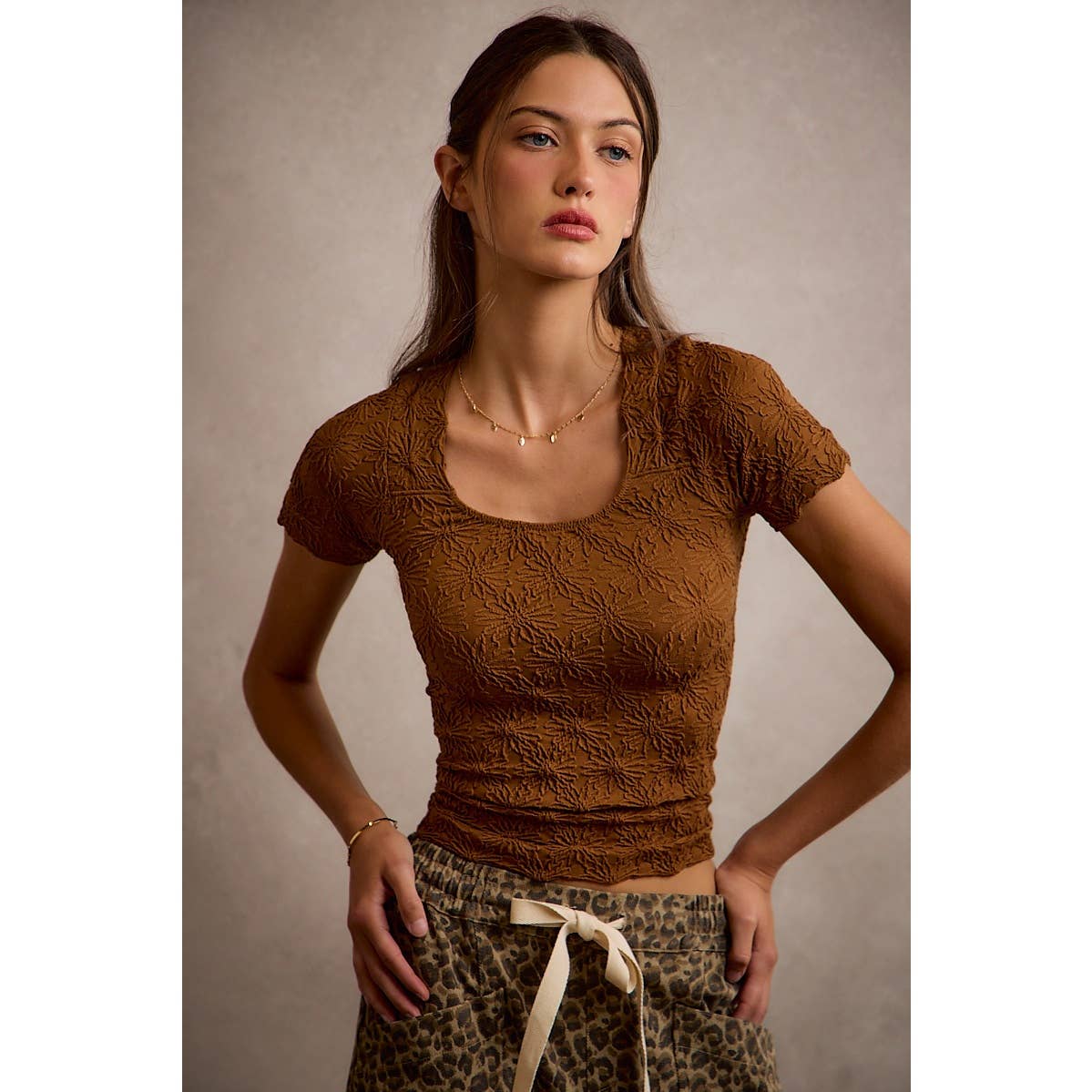 Brown Floral Pattern Textured Top