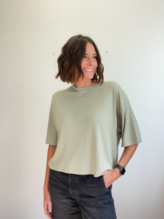 Olive Relaxed Knit Crop Tee