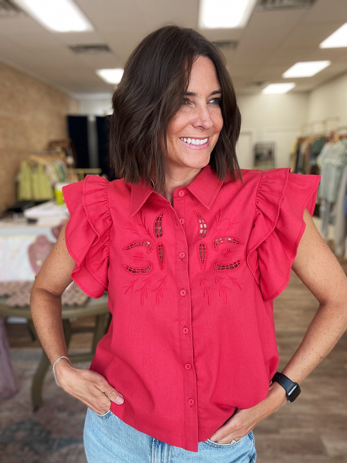 Red Button Down Blouse with Eyelet Embroidery and Flutter Sleeves