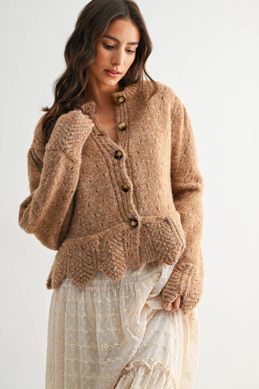 TEXTURED WOOL-BLEND CARDIGAN WITH SCALLOPED HEM