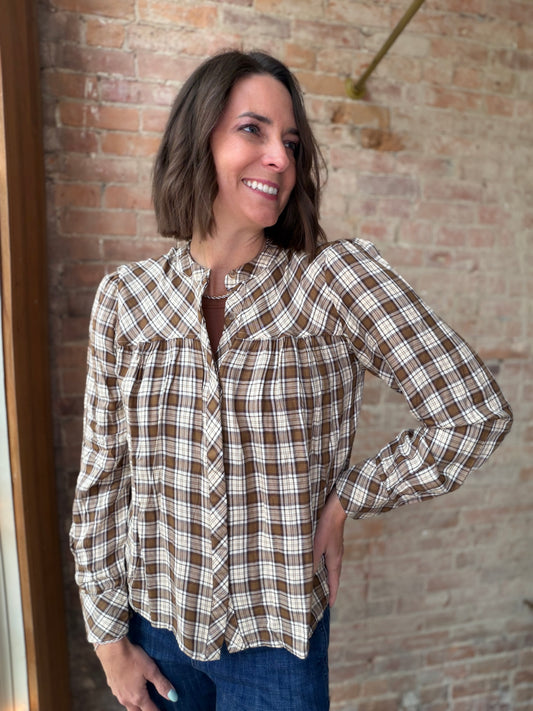Cream and Brown Plaid Linden Top