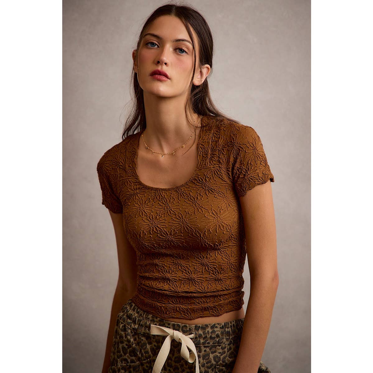 Brown Floral Pattern Textured Top