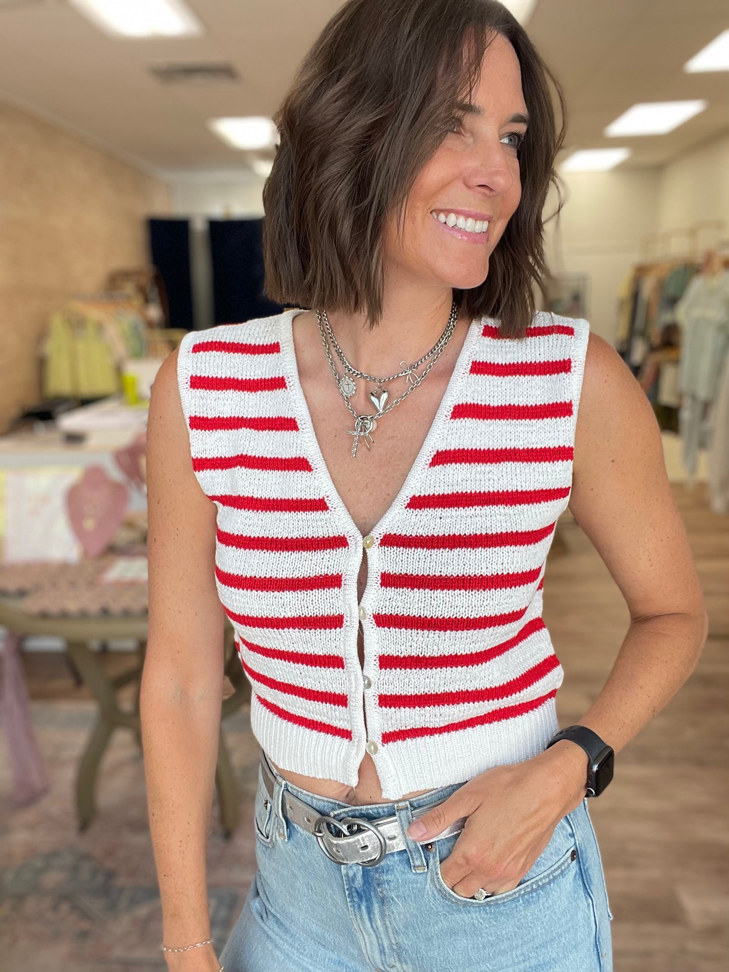 White and Red Stripe Button Up Vest