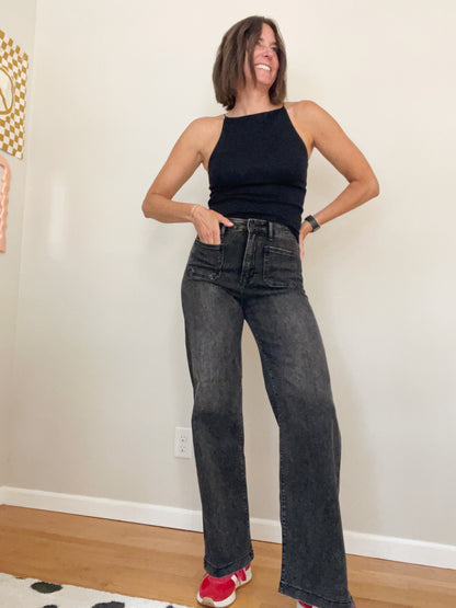 Black Wide Leg Patch Pocket Denim