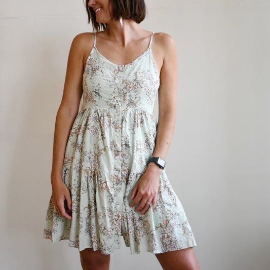Sage Cotton Floral Button Up Cami Tiered Mini Dress