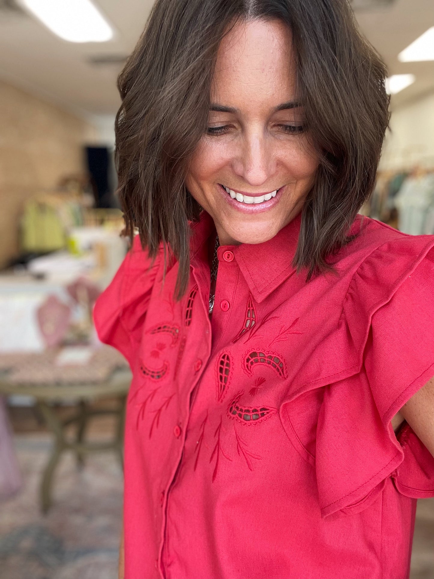 Red Button Down Blouse with Eyelet Embroidery and Flutter Sleeves