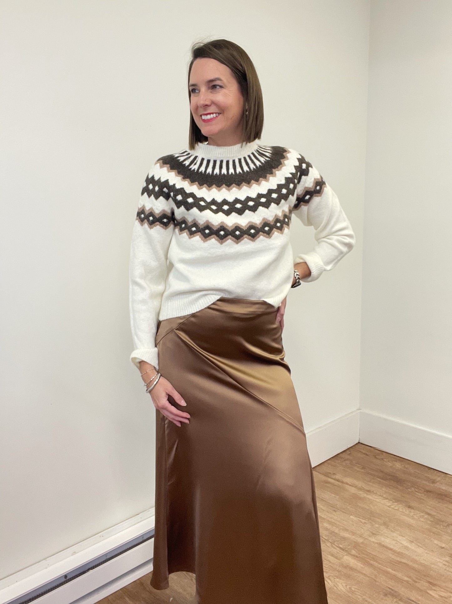 Brown Satin Midi Skirt