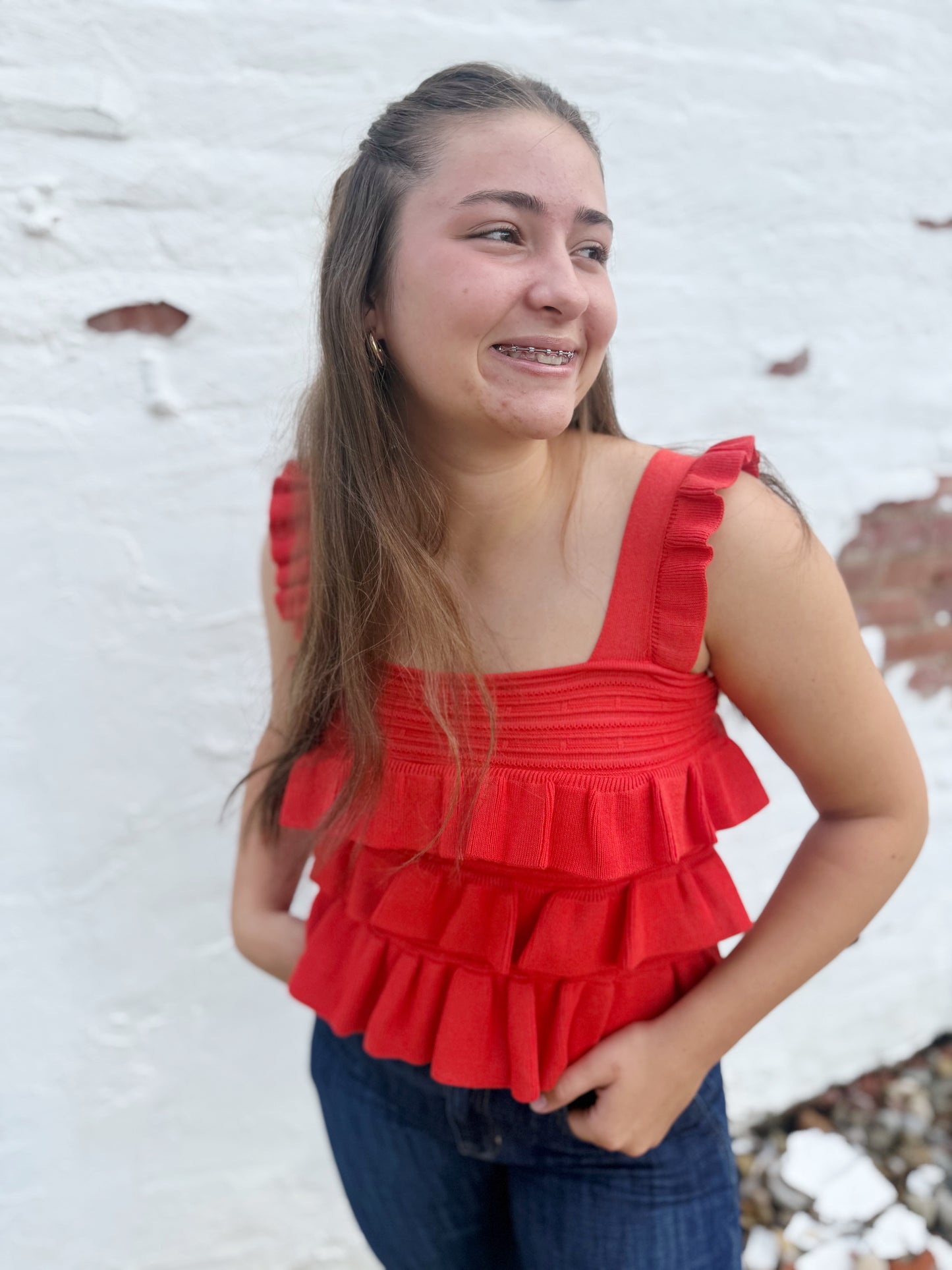Red Ruffled Knit Sleeveless Top
