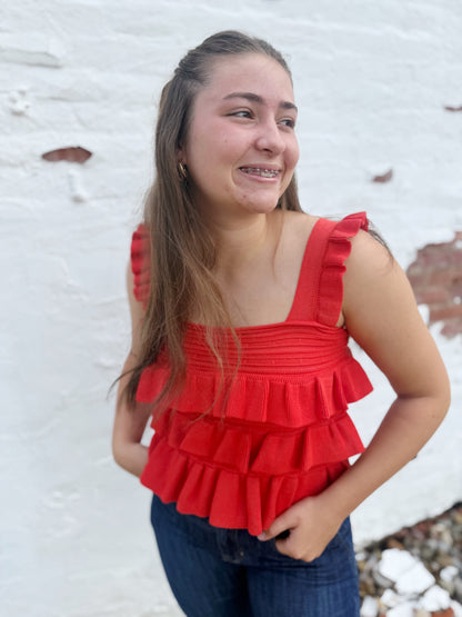 Red Ruffled Knit Sleeveless Top