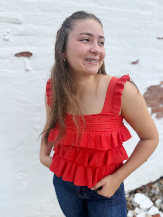 Red Ruffled Knit Sleeveless Top