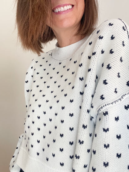 Free People White and Navy Heart Sweater