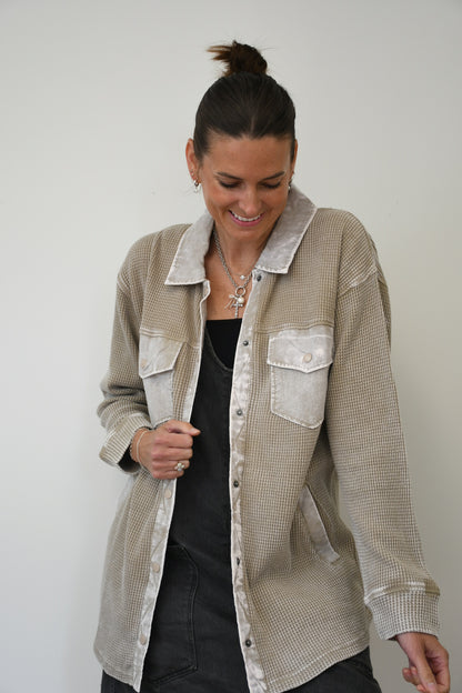 Smoky Taupe Waffle Knit Mineral Wash Button Down Jacket