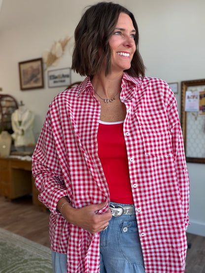 Ruby Gingham Print Long Oversized Long Sleeve Button-down