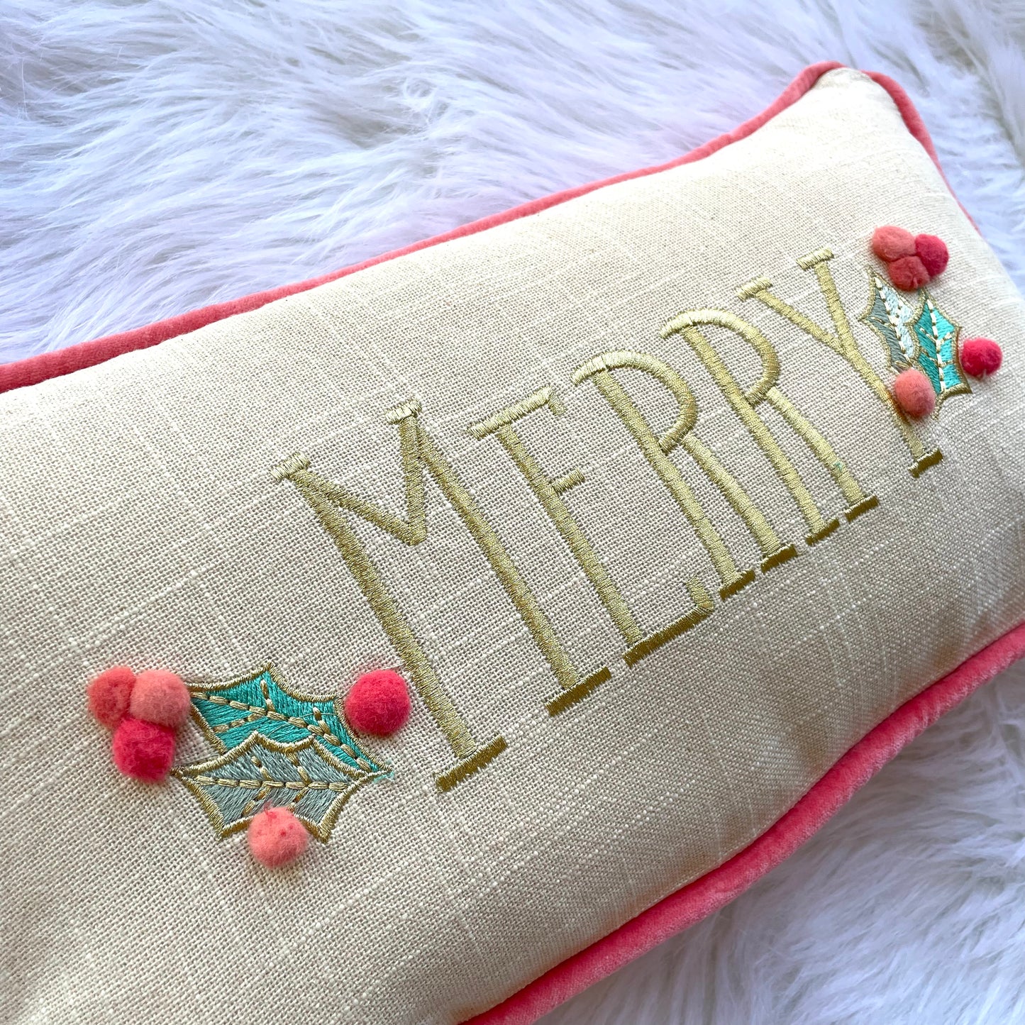 Lumbar Pillow with Hand-Embroidery with Pom Poms
