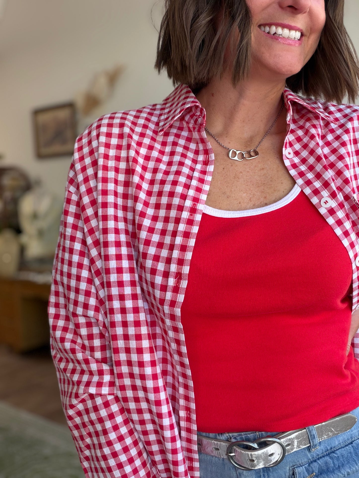 Ruby Gingham Print Long Oversized Long Sleeve Button-down