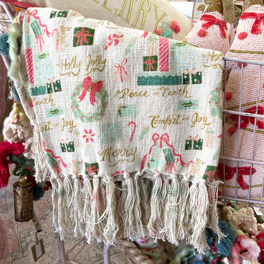 Cotton  Slub Printed Throw with Holiday Pattern and Fringe