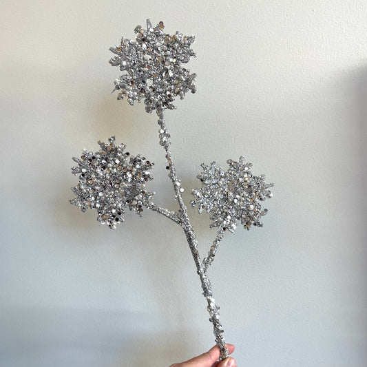 Plastic Snowflake Stem with Faux Pearls & Glitter