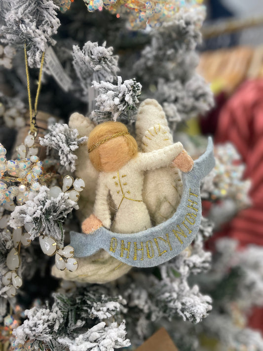 Handmade Wool Felt Angel Ornament with Embroidered Banner