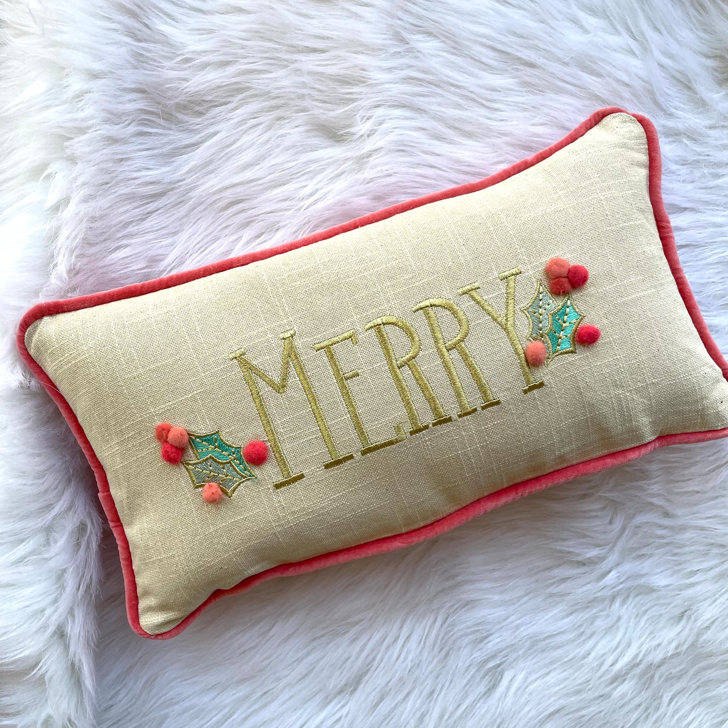 Lumbar Pillow with Hand-Embroidery with Pom Poms
