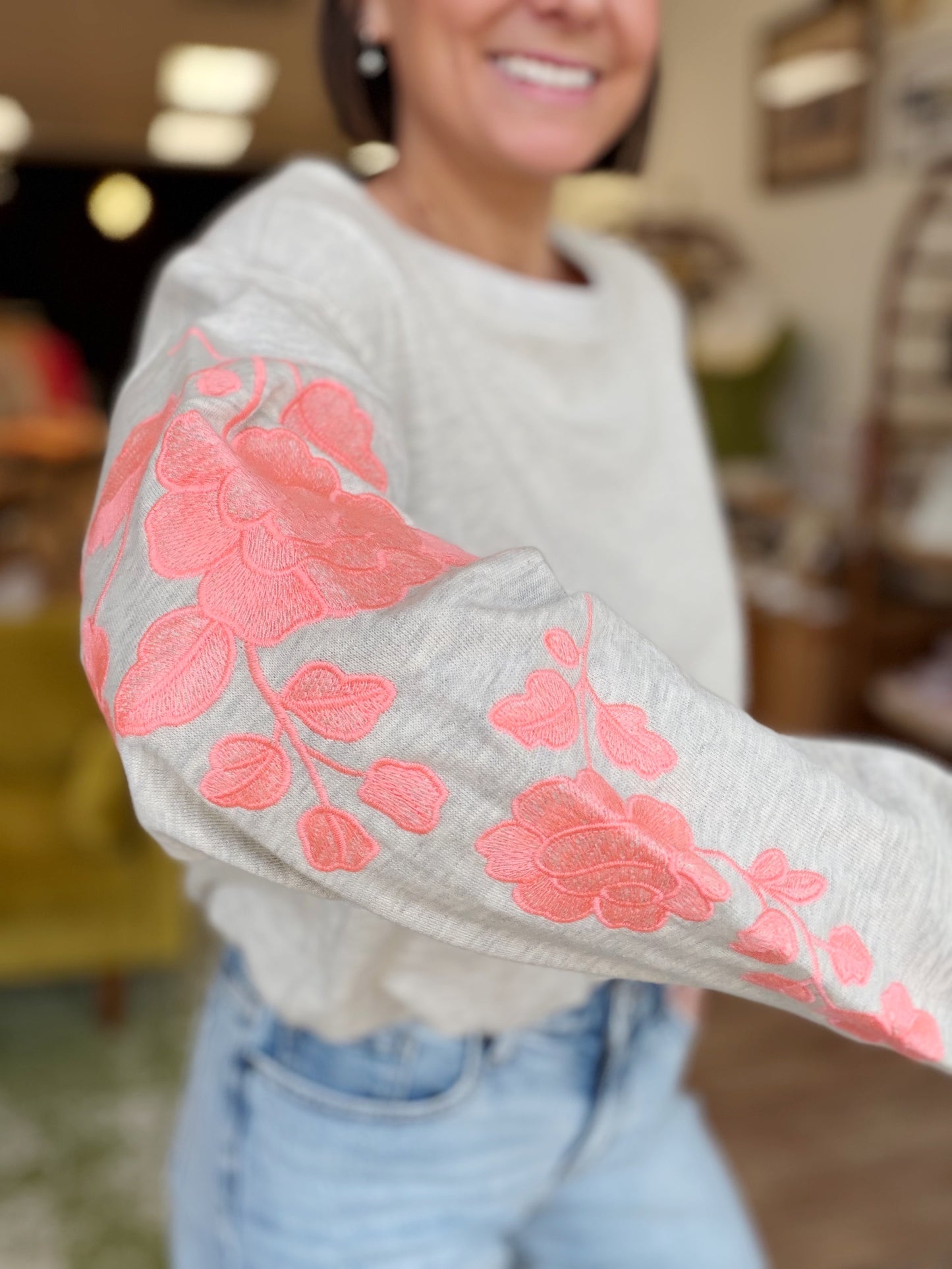 Embroidered Sleeve Bubble Hem Sweatshirt