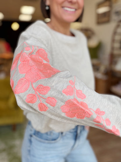 Embroidered Sleeve Bubble Hem Sweatshirt