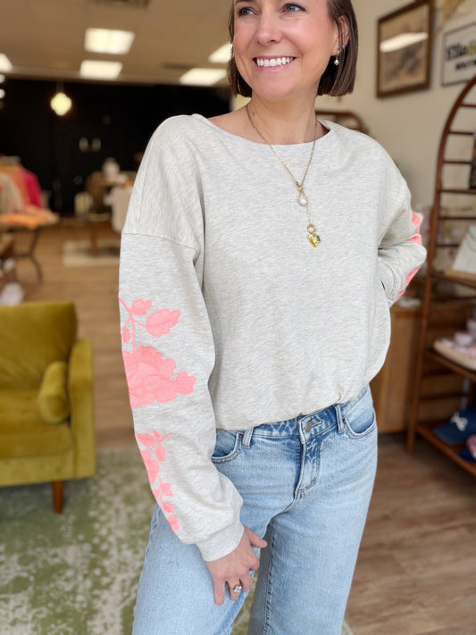 Embroidered Sleeve Bubble Hem Sweatshirt