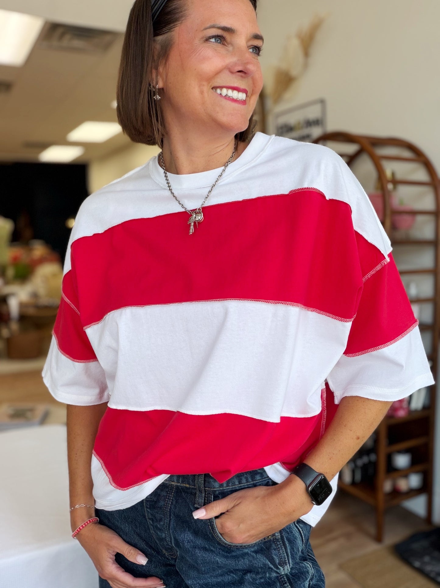 White Cherry Color Block Short Sleeve