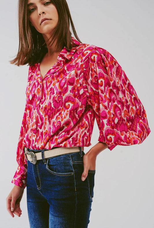 Fuchsia Floral Print Top with Balloon Sleeves