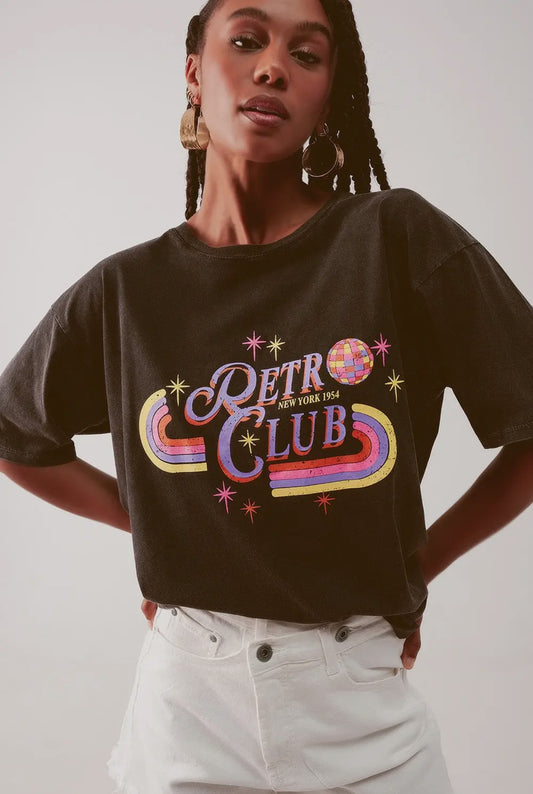 Relaxed Fit Retro Club Tee in Washed Black
