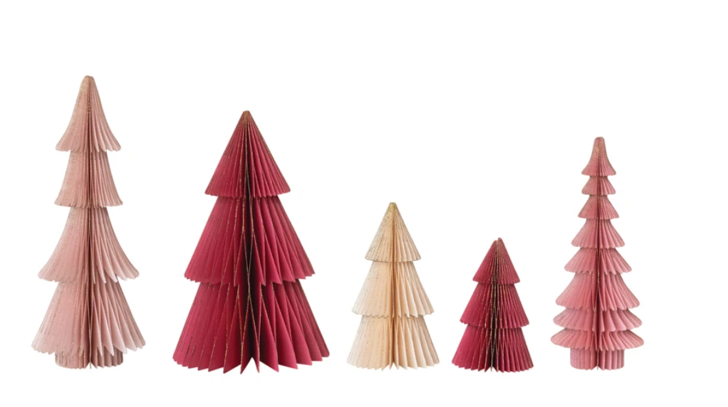 Handmade Folding Honeycomb Trees with Gold Glitter Edges, Set of 5