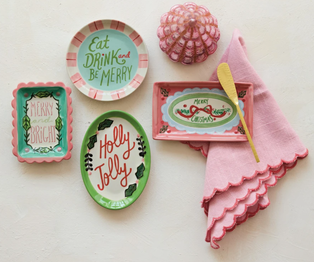 Stoneware Dish with Holiday Saying, 4 Styles