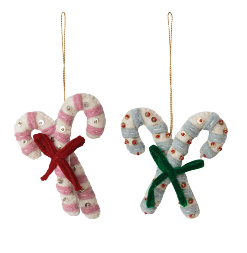 Handmade Wool Felt Candy Canes Ornament with Embroidery, Sequins & Bow, 2 Colors