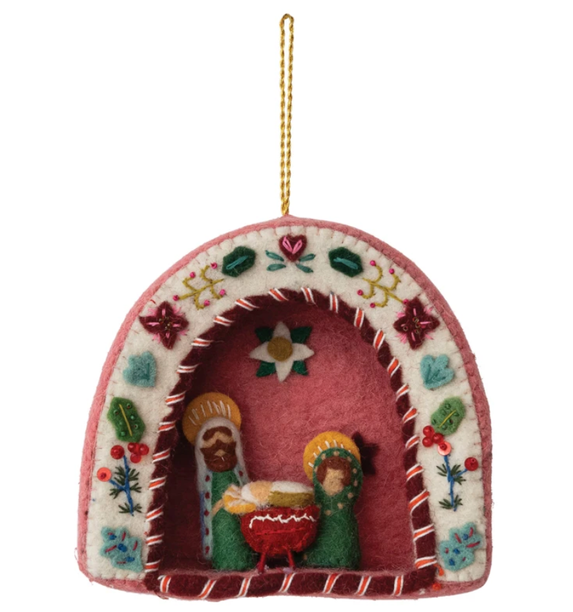 Handmade Wool Felt Holy Family Ornament with Embroidery, Beads & Sequins