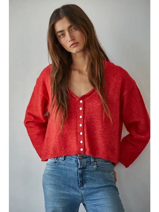 Red Knit Sweater Rolled V-Neck Long Sleeve Cardigan Top