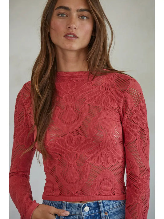 Crimson Knit Seamless Jacquard Mock Neck Long Sleeve Top