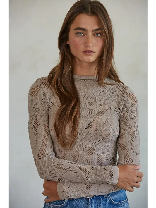 Ash Mauve Knit Seamless Jacquard Mock Neck Long Sleeve Top