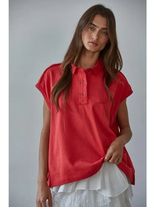 Red Knit Cotton Half Button Up Top
