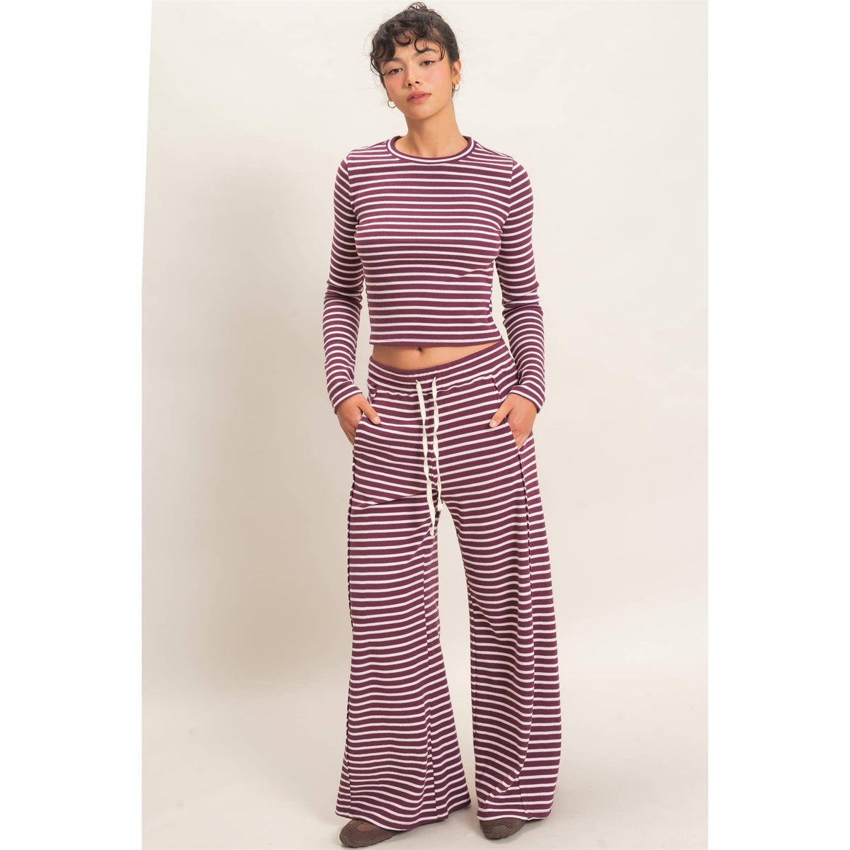 Dark Cherry Striped Waffle Top