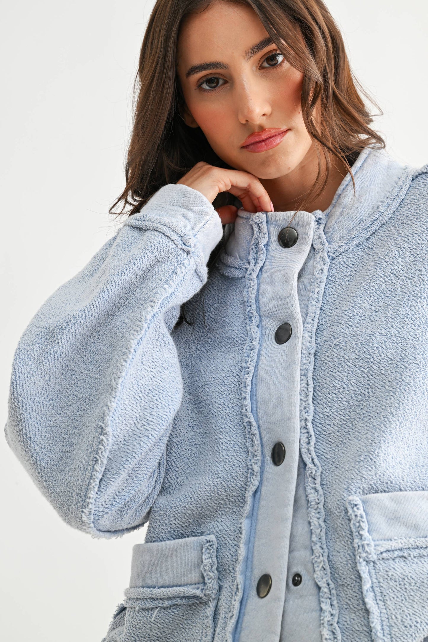 Ice Blue Boucle Textured Button-Up Jacket
