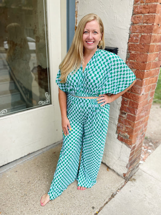 Green and Blue Geometric Print Pleated Pants