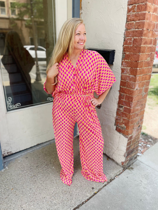 Fuchsia and Orange Geometric Print Pleated V Neck Top