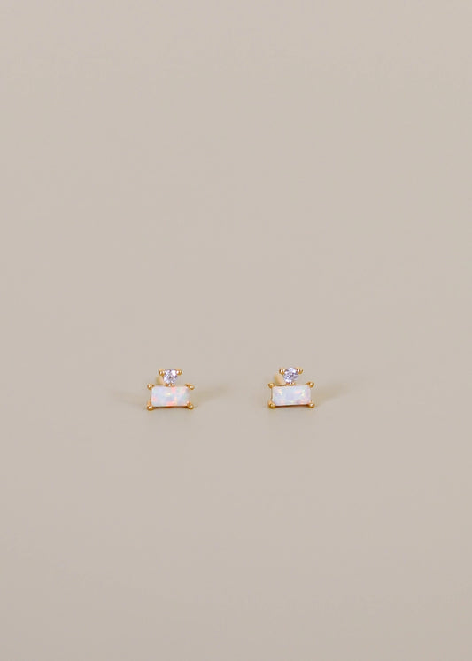 Double Stud Stack Gold Earrings - Opal White