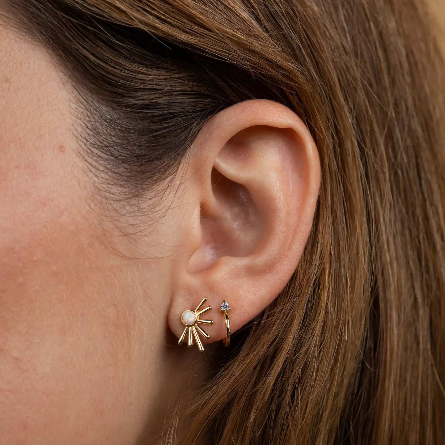 Sun Ray - White Opal - Gold Earrings