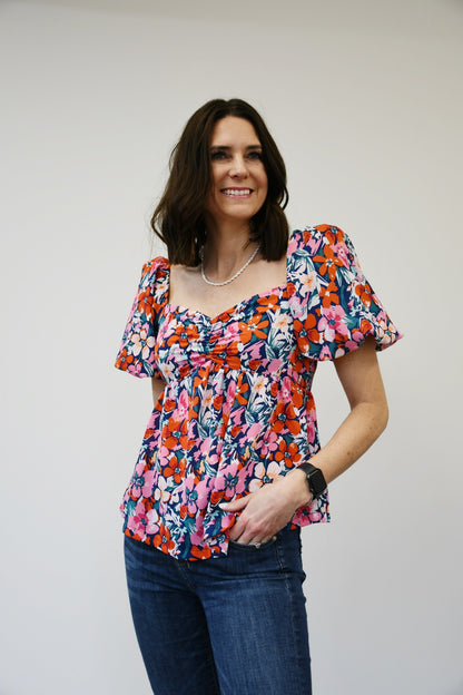 Red Sweetheart Neckline Floral Top