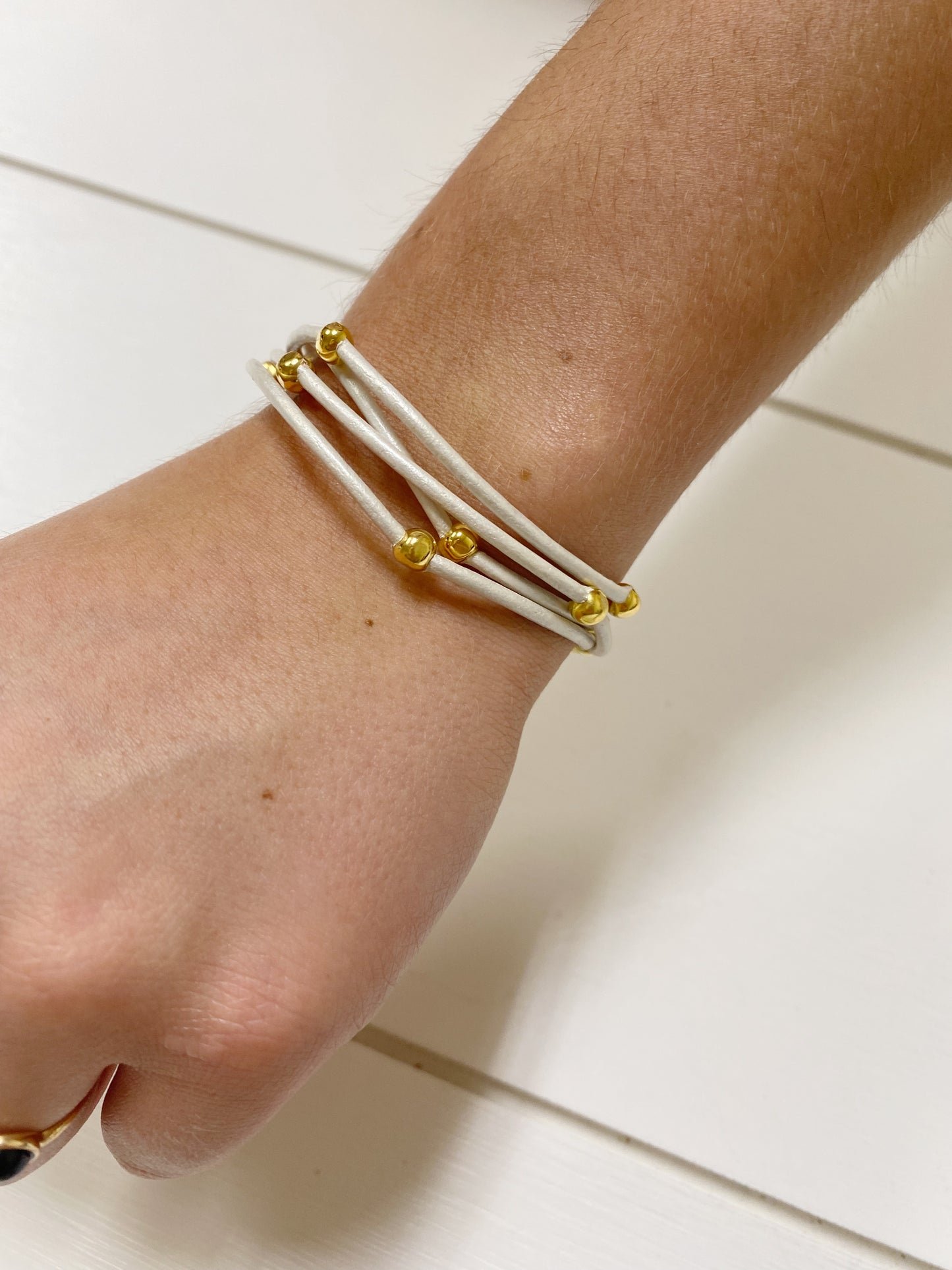 Pearl and Bright Gold Leather Wrap Bracelet