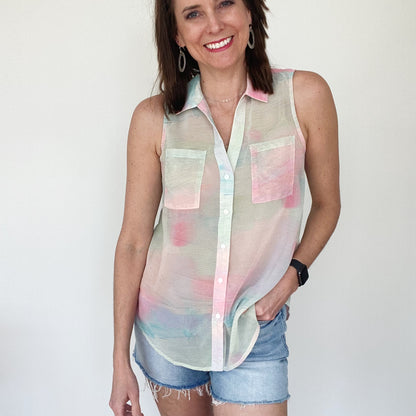 Mint and Coral Canvas Paint Sleeveless Blouse
