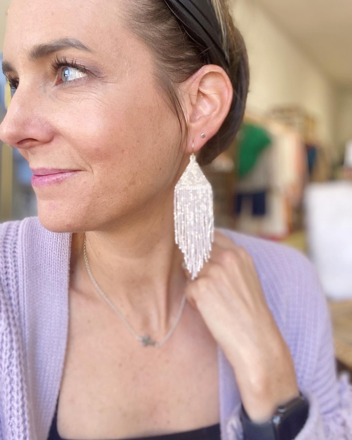 Ivy White Silk Shine Fringe Earrings