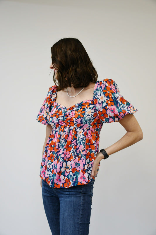 Red Sweetheart Neckline Floral Top