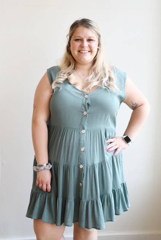 Teal Tiered Ruffle Button Down Swing Dress