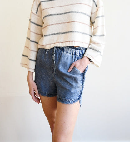 Denim Blue Frilled Paperbag Shorts